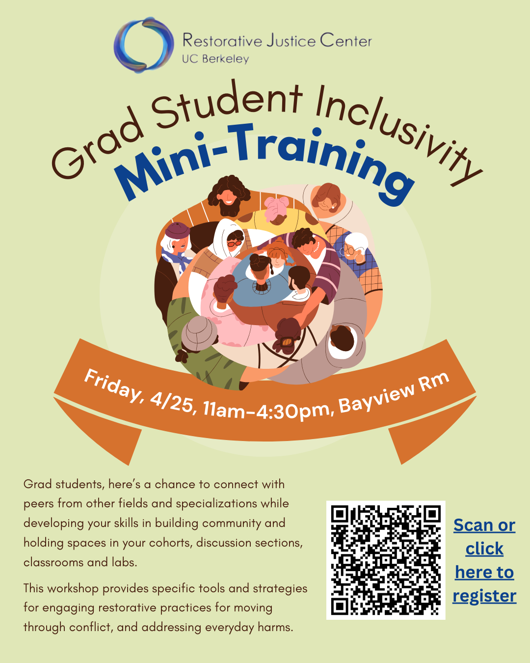Flyer for the Grad Student Inclusivity Mini-Training hosted by the Restorative Justice Center at UC Berkeley. The flyer features a circular illustration of diverse people holding hands in a supportive group.